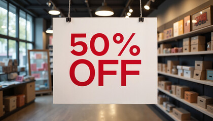 50% Off Sale Sign in Bold Red Typography Against Retail Interior Background with Copy Space