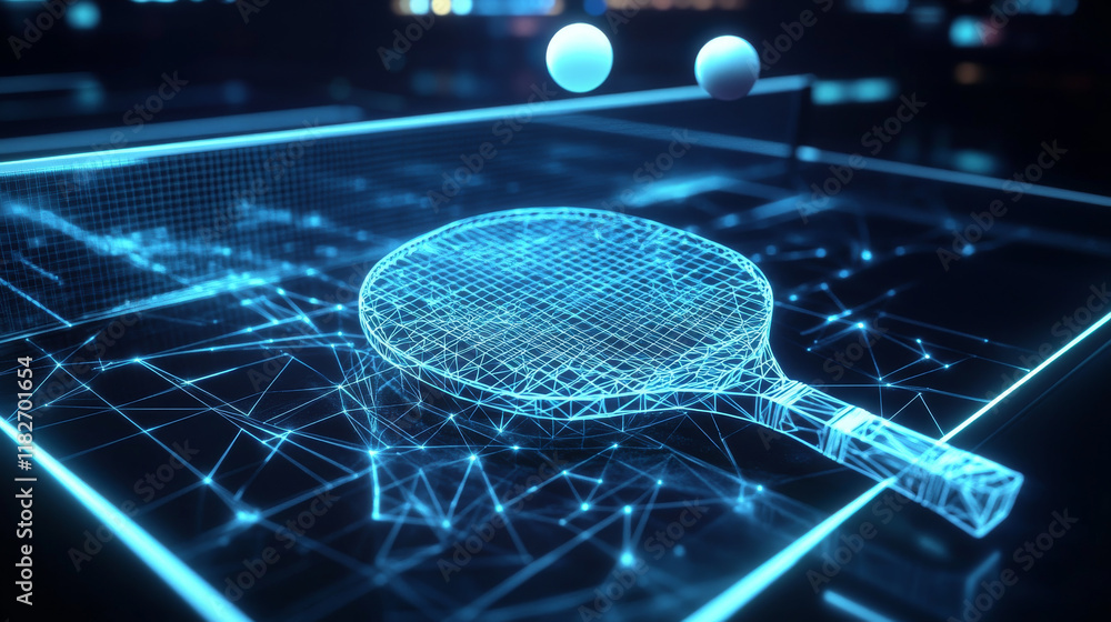 Aufkleber the hologram table tennis. a racket and a ball made of polygons, triangles of points and lines. pinp