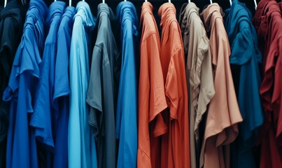 Rack of clothes with a variety of colors and styles. The clothes are hanging on a rack, and the colors include blue, red, and brown.