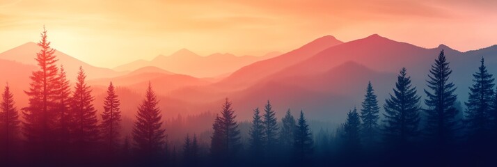 a sunset view of a mountain range with trees and mountains in the background with a red and blue sky