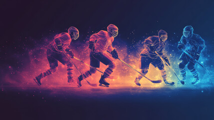 Obraz premium A hockey game consists of points. Particles in the form of a hockey player on a dark background. Vector illustration. Graphic concept of hockey