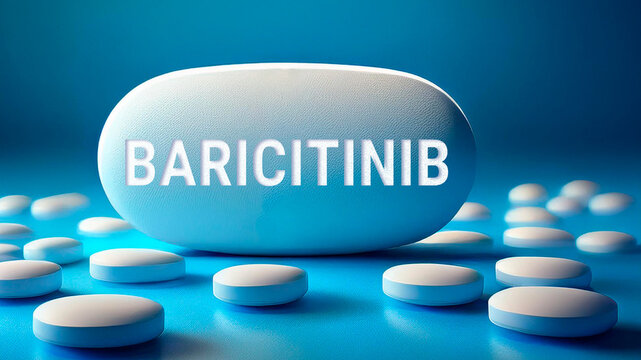 Baricitinib pill with the name printed on it, blue background
