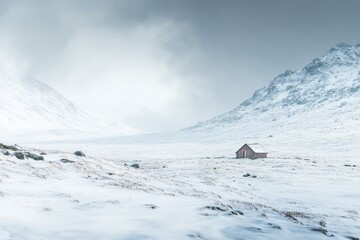 A serene winter landscape features a quaint hut standing alone amid vast, snow-covered hills. The atmosphere is calm, with soft clouds obscuring the sky, creating a tranquil scene