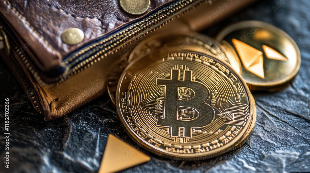 Poster hologram bitcoin wallet. bitcoin wallet made of polygons, triangles, dots, and lines. low-poly bitco