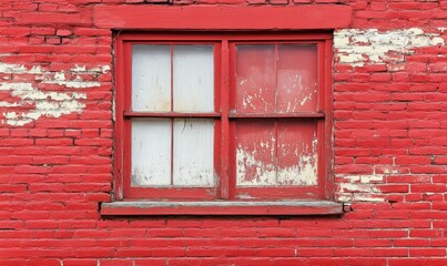 Red painted wall with peeling and chipped texture, possibly old brickwork.