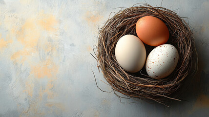 A nest with eggs. The concept of Easter. Environmentally friendly products. Farmer's market.