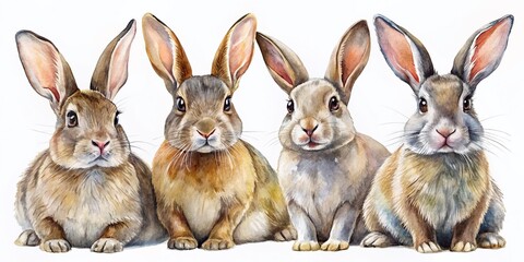 Adorable Watercolor Rabbits: High-Resolution Stock Photo Set, Isolated on White