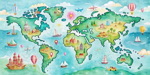 Fototapeta premium Adorable Watercolor Travel Map: Whimsical Aerial View of Exciting Destinations