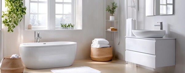 Fototapeta premium White bathroom with soft rounded edges and easy-to-reach storage