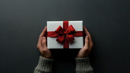 Male hands holding a white gift box with a red ribbon, against a gray background, ideal for themes of holiday.