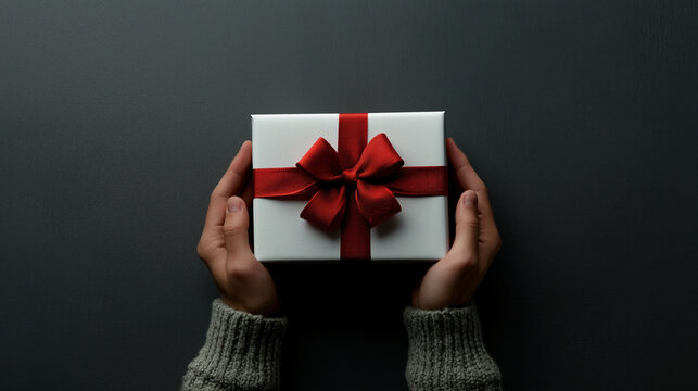 Male hands holding a white gift box with a red ribbon, against a gray background, ideal for themes of holiday.