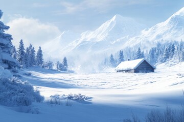 Fototapeta premium A tranquil winter landscape features a small hut in the distance surrounded by snow-laden trees and majestic mountains, creating a peaceful atmosphere on a chilly day
