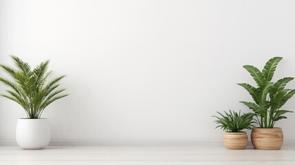 Fototapeta premium White minimalist bathroom with natural light, wooden accents, and potted plants