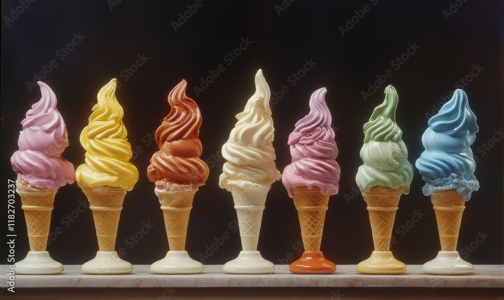 Poster row of colorful ice cream cones with different colors of ice cream. the cones are arranged in a row 