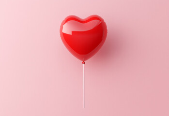 A red heart shaped balloon floats in the air in front of a pink background, with shadow and natural bright light.
