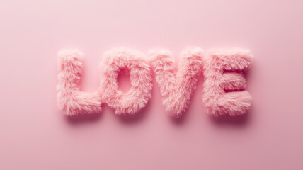 Love, pink fur letters in a soft stuffed texture isolated on pink background with natural light and shadow. That warm fuzzy feeling of love for valentines day, romance.