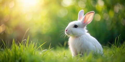 Adorable White Rabbit Sitting in Green Grass - Easter Bunny Farm Animal Stock Photo