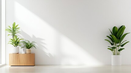 White minimalist bathroom with natural light, wooden accents, and potted plants