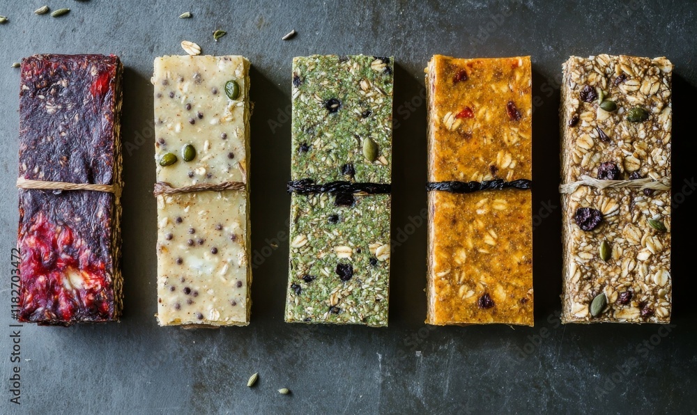 Poster row of six different kinds of granola bars. the bars are all different colors and have different ing
