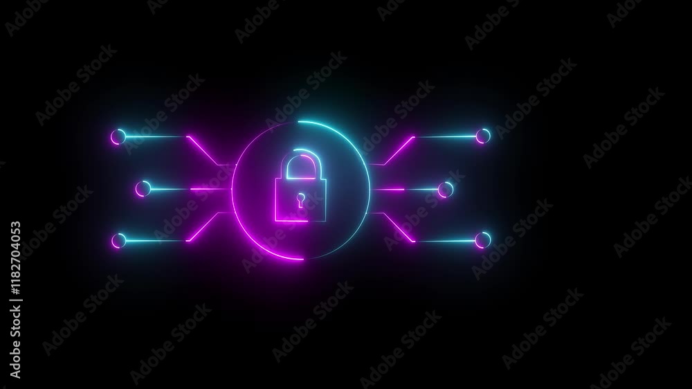 Poster lock icon cyan and pink color neon glowing neon color security privacy password glowing cyber securi