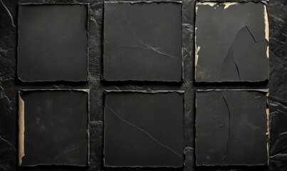 Naklejka premium Set of Old Black Empty Aged Damaged Paper Cardboard Photo Card. Rough Grunge Shabby Scratched Torn Ripped Texture.