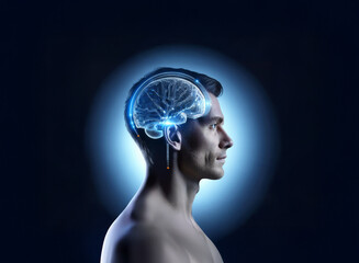 Profile view of a man's head with a translucent brain overlay, illuminated against a dark background.  Medical imaging concept.