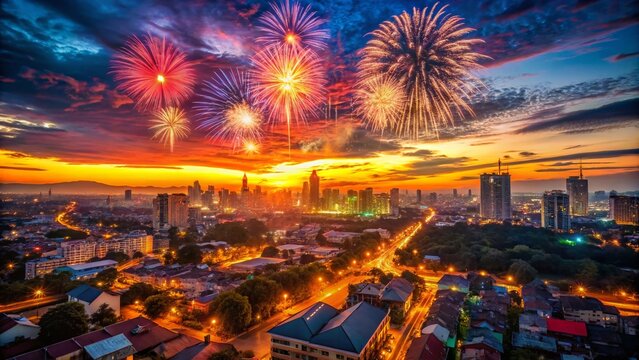 Aerial Drone Shot: Cityscape at New Year's Eve, Farewell 2016, Hello 2017 - Powered by Adobe