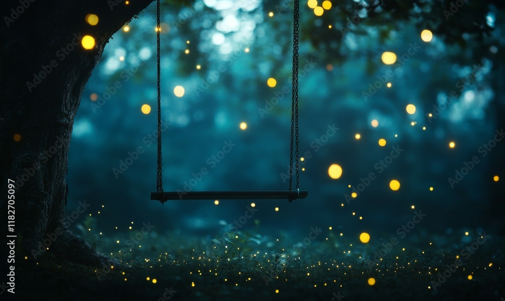 Poster silhouette of a tree swing hanging empty, moving gently in a glowing forest with fireflies floating 