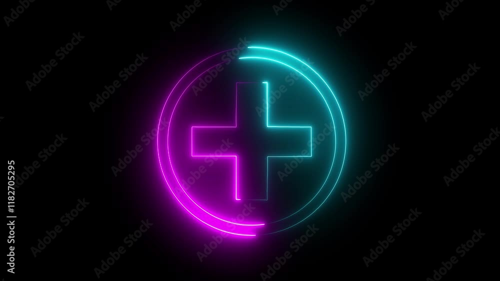 Poster linear neon animation of blue plus in circle with dynamic glowing neon sign plus animation on black 