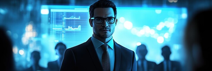 Confident businessman addresses audience in a high-tech corporate environment during a crucial presentation