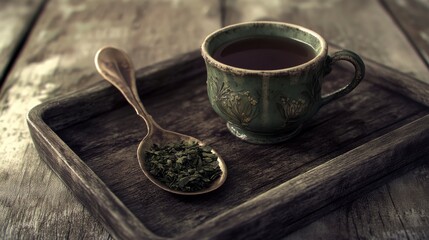 Aromatic Green Tea in a Vintage Teacup on a Rustic Wooden Tray