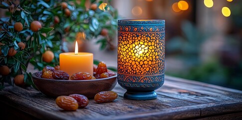 Traditional Ramadan dishes and Arabic lanterns adorn a table with room for copying, symbolizing the Ramadan holiday