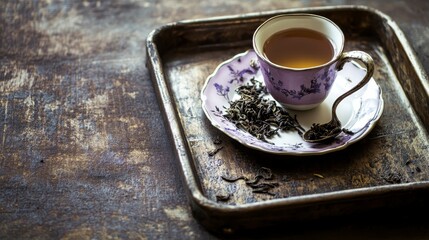 Vintage Tea Cup with Aromatic Tea Leaves on Rustic Tray - A Relaxing Moment