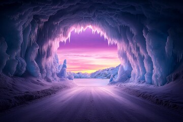 Enchanted Ice Cave with Shimmering Crystal Walls and a Stunning Sunset Creating a Magical Atmosphere