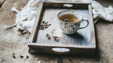 A Serene Tea Time: Exquisite Teacup on Rustic Tray