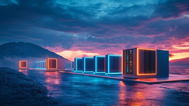 Futuristic Energy Storage Systems in a Stunning Landscape Under Vibrant Skies Reflecting Advanced Technology and Sustainable Solutions