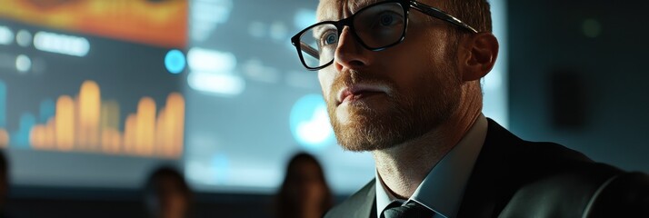 Focused professional in a sleek office environment analyzes data during an intense strategic meeting at night