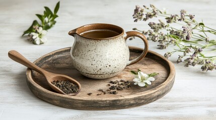 A Serene Tea Ceremony: Exquisite Tea Set and Fresh Flowers on a Rustic Tray. A Relaxing Tea Time Ambiance with a Cozy and Charming Tea Service.