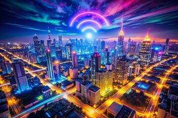 Fototapeta premium Aerial Drone Shot: WiFi Symbol on Futuristic Digital Landscape