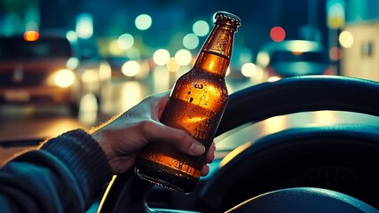 A Caucasian middle-aged man holds a beer bottle while driving at night, emphasizing the dangers of drunk driving and promoting road safety awareness.