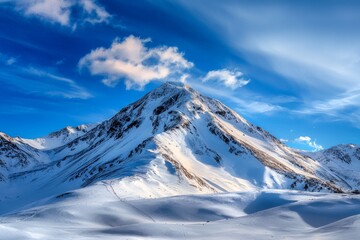 Obraz premium Majestic Mountain Peak Covered in Glistening Snow Against a Bright Blue Sky: A Stunning Winter Landscape Captured in Crisp Detail