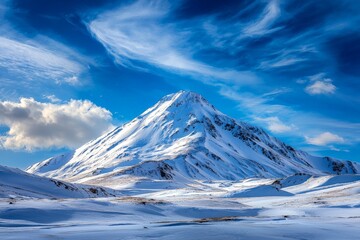 Majestic Snow-Covered Mountain Peak Under a Bright Blue Sky with Fluffy Clouds and Stunning Natural Beauty in a Serene Landscape
