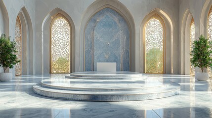 Fototapeta premium White round podium adorned with golden ornaments, lanterns, and arches, ideal for showcasing products during Ramadan or Eid Mubarak celebrations
