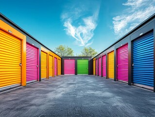 Fototapeta premium Vibrant Outdoor Storage Units Under a Clear Blue Sky With Colorful Doors in a Neatly Arranged Row Ideal for Storage Solutions and Space Management