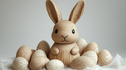 Obraz premium Easter wooden rabbit and Easter eggs. The DIY concept. DIY.Easter decor. Happy Easter.