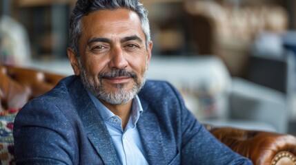 Obraz premium Middle-aged man seated on a leather chair in a cafe setting, wearing a formal blue blazer, smiling softly at the camera with a blurred interior in the background