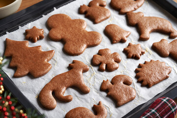 Homemade gingerbread Christmas cookies on a baking sheet