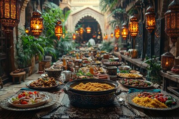 Fototapeta premium Ramadan Feast: Moroccan Halal Cuisine, Eid Table Setting, AI Photo