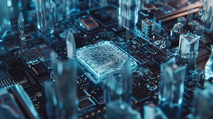 CPU Chip Motherboard - computer processor smart chip on a circuit board with frosty cold ice sheath microchips and other parts. Artificial intelligence processor, Computer, Data, Technology background
