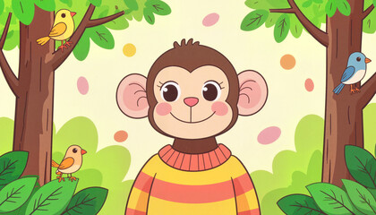 Naklejka premium Cheerful cartoon monkey smiling in jungle, playful spirit